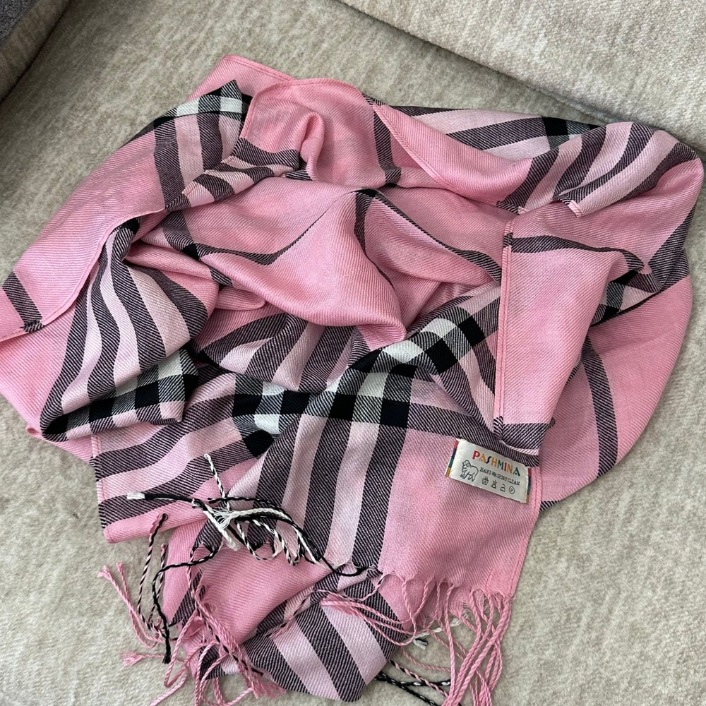 Pink Plaid Pashmina Shawl Wrap Fringe Soft Oversized Scarf 72 x 28" Preppy